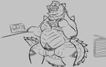 anthro belly bulge clothing computer electronics eyebrows horn male musclegut muscular pecs solo speedo spiked_tail spikes spikes_(anatomy) swimwear tail thick_eyebrows custardalvis lifewonders mythology tokyo_afterschool_summoners cipactli_(tas) dragon mythological_creature mythological_scalie scalie monochrome sketch