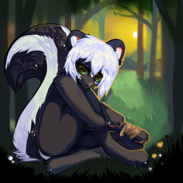 anthro facial_piercing femboy forest male nose_piercing piercing plant solo sunset tree artpuppie mae_peppermint mammal mephitid skunk 1:1 hi_res andromorph_(lore)