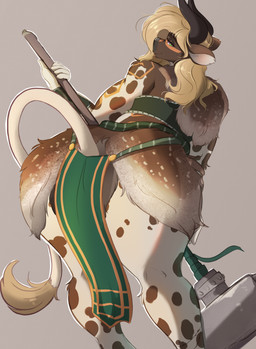 anthro armor bent_over big_butt blonde_hair bottomwear butt clothing female green_eyes hair hammer holding_object holding_weapon horn loincloth maul simple_background smile solo tail tail_tuft thick_thighs tools tuft weapon wide_hips ardail bovid bovine cattle mammal absurd_res hi_res