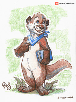anthro blue_eyes book brown_body brown_fur fangs front_view fur grass holding_book holding_object kerchief logo looking_up male neckerchief neckwear nude open_mouth open_smile patreon_logo plant simple_background smile solo standing teeth whiskers white_body white_fur young young_anthro young_male pandapaco patreon mammal mustelid otter artist_logo full-length_portrait portrait signature