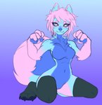 anthro blue_background blue_body blue_fur blue_nose blue_pawpads breasts claws featureless_breasts featureless_crotch female fluffy fur hair handpaw kneeling looking_at_viewer mostly_nude paw_pose pawpads paws pink_hair pose scene_haircut simple_background solo sparklefur tsmkyrus kolae_(character) canid canine canis domestic_dog husky mammal nordic_sled_dog spitz 2020 flat_colors hi_res