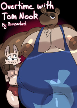 anthro apron apron_only big_dom_small_sub blush briefs brown_body brown_fur bulge clothing dominant duo fur larger_male male male/male moobs nipples overweight overweight_anthro overweight_male size_difference slim_anthro slim_male smaller_male tan_body tan_fur underwear ramsacked animal_crossing nintendo tom_nook_(animal_crossing) canid canine mammal raccoon_dog tanuki 2025 colored comic cover cover_art cover_page digital_drawing_(artwork) digital_media_(artwork) hi_res