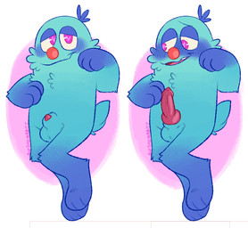 animal_genitalia animal_penis anthro balls blue_body blue_fur blush blushing_profusely canine_genitalia canine_penis erection fur genitals heart_eyes heart_symbol knot looking_at_viewer looking_away male paws penis penis_tip sheath solo conditional_dnp sleepweed bugsnax young_horses filbo_fiddlepie grumpus hi_res