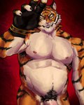 anthro armpit_hair barazoku belly bellyhair biceps big_bulge body_hair bottomless bulge chest_fur claws clothed clothing fingerless_gloves fingers fur genitals gloves handwear happy_trail looking_at_viewer male mature_anthro mature_male mostly_nude multicolored_body multicolored_fur musclegut muscular navel nipples nude orange_body orange_fur pecs penis pink_nipples pubes red_background simple_background slightly_chubby smile smiling_at_viewer solo standing striped_body stripes teeth white_body white_fur yellow_eyes yellow_sclera ariwolfer epic_games fortnite oscar_(fortnite) felid mammal pantherine tiger absurd_res hi_res