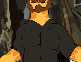 anthro beard body_hair breasts chest_hair clothing facial_hair flexing flexing_pecs hairy male muscular muscular_male mustache nipples pecs sitting solo wardrobe_malfunction conditional_dnp nsfwgiraffe red_wood giraffe giraffid mammal animated animated_gif low_res short_playtime