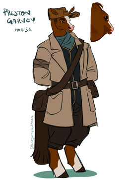 anthro belt belt_pouch brown_body clothed clothing fully_clothed hooves jacket male military_uniform minuteman_(fallout) multicolored_body pink_nose shoulder_bag simple_background solo standing tail topwear uniform vest wearing_hat white_background drvoidiguana fallout microsoft preston_garvey_(fallout) equid equine horse mammal