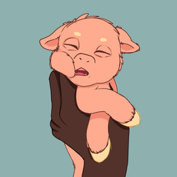 ambiguous_feral ambiguous_gender ambiguous_human dark_body dark_skin duo eyebrows eyes_closed feral fur gums hooves lifting_another mostly_offscreen_character neonate open_mouth pink_body pink_fur simple_background sleeping solo_focus teal_background toothless_mouth white_eyebrows yellow_hooves young young_ambiguous young_feral poyoboyouwu fluffy_pony fluffy_pony_(species) human mammal 1:1 2026 cel_shading digital_media_(artwork) hi_res shaded