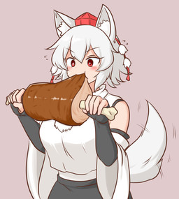 armwear black_bottomwear black_clothing black_gloves black_handwear black_skirt bottomwear clothed clothed_female clothed_humanoid clothing detached_sleeves eating elbow_gloves female fingerless_gloves food gloves hair handwear holding_food holding_object meat meat_on_bone red_eyes shirt simple_background skirt solo tail tail_motion tailwag topwear white_clothing white_hair white_shirt white_sleeves white_tail white_topwear mizusoba touhou momiji_inubashiri animal_humanoid canid canid_humanoid canine canine_humanoid humanoid mammal mammal_humanoid wolf_humanoid