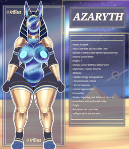 anthro areola big_breasts breasts female looking_at_viewer navel smile solo standing text thick_thighs twitter_handle wide_hips bleez_art azaryth_(bleez_art) canid canine deity mammal 2026 artist_name english_text hi_res model_sheet