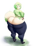 anthro big_butt blue_eyes bulge butt chives_(hebleh) clothing digital_media_(artwork) floppy_ears form_fitting fur generation_6_pokemon green_body green_fur hair hi_res looking_at_viewer male mammal meowstic nintendo pokemon pokemon_(species) simple_background smile solo tail thick_thighs tomitocakes white_body white_fur