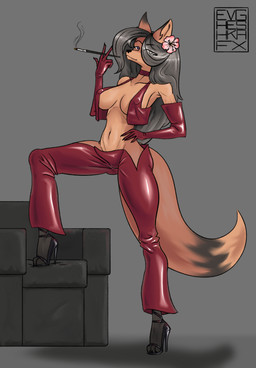 accessory anthro armwear choker cigarette clothing female flare_pants flower flower_in_hair footwear grey_hair hair hair_accessory high_heels jewelry latex latex_clothing leg_on_furniture looking_at_viewer necklace plant purple_eyes red_latex shoes simple_background smoking smoking_cigarette solo evgheshkafx canid canine fox mammal hi_res