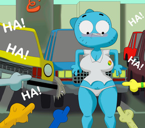 anthro big_breasts bottomwear breasts clothing crowd embarrassed female group laugh looking_down panties parking_lot pube_peek pubes public shirt skirt standing thick_thighs topwear torn_clothing underwear dogmickhot cartoon_network the_amazing_world_of_gumball nicole_watterson domestic_cat felid feline felis mammal absurd_res hi_res