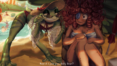 anthro beach big_breasts bikini blush blush_lines breasts clothing dialogue doll eye_contact eyewear female flustered green_body hair hat headgear headwear leaning leaning_forward looking_at_another male plushie rag_doll_(toy) red_hair seam_(sewing) small_breasts smug_grin sun_hat sunglasses swimwear text two-piece_swimsuit white_body onionsued glitch_productions the_amazing_digital_circus jax_(tadc) kaufmo_(tadc) kinger_(tadc) queenie_(tadc) ragatha_(tadc) ribbit_(tadc) amphibian animate_inanimate frog humanoid lagomorph leporid living_chess_piece living_doll living_toy mammal rabbit 16:9 4k absurd_res english_text hi_res widescreen