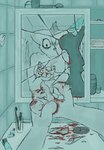 anthro bathroom blood bodily_fluids broken_mirror female first_person_view fur gore looking_at_hand mirror reflection scared solo alexleviafan tomato_(alexleviafan) felid mammal digital_media_(artwork) monochrome