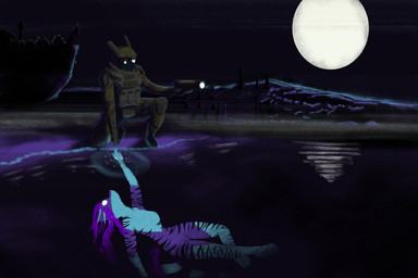 ambient_silhouette ambiguous_gender anthro armor body_armor breasts camo camo_clothing camo_print clothed clothing duo empty_eyes featureless_breasts featureless_crotch female flashlight floating_island fog full_moon fully_submerged furgonomic_headwear furgonomics gesture gloves handwear headgear helmet knee_pads kneeling lake mask moon night nude outside pattern_clothing purple_body stripes teal_body water annasharker project_silverfish exenthal aquatic inheritor lizard reptile scalie 3:2 hi_res