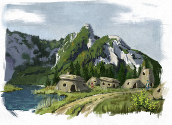 ambiguous_gender anthro blue_body building clothed clothing duo landscape plant red_body river shrub sky standing tree unsigned white_clothing upai hi_res