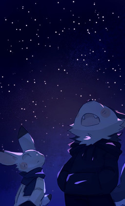 anthro blush clothing dipstick_ears dipstick_tail duo ear_markings fur hand_in_pocket hoodie looking_up male markings multicolored_ears night open_mouth outside pockets scarf star tail tail_markings topwear white_body white_fur nyano52 canid lagomorph leporid mammal rabbit 2021 digital_media_(artwork)