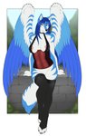 4_toes 5_fingers anthro areola blue_body blue_eyes blue_feathers blue_fur blue_hair breasts clothed clothing eyebrows eyelashes feathered_wings feathers feet female fingers fur hair legwear lingerie nipple_slip nipples solo thigh_highs toes wings accelo tala_(suntattoowolf) canid canine canis hybrid mammal wolf 2020 digital_media_(artwork) hi_res