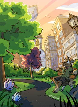 antenna_wire anthro barefoot bell black_bottomwear black_clothing black_shorts bottomwear brown_body brown_fur brown_nose city claws clothing drawstring duo feet flower fur green_clothing green_shirt green_t-shirt green_topwear green_trees hand_on_bench light_bulb male outside pathway plant shirt shorts sitting smile street_lamp t-shirt topwear tree tinydeerguy matt_riskely avian bird canid canine canis domestic_dog mammal hi_res