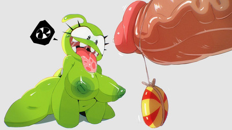 areola bared_teeth big_breasts bodily_fluids breasts candy dessert dripping duo erection female food genitals green_body huge_breasts male nipples offscreen_male penis saliva saliva_drip saliva_on_tongue simple_background teeth teeth_showing tongue tongue_out sachsech205 cut_the_rope om_nom human mammal nommie 16:9 widescreen