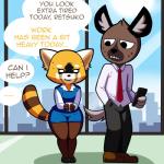 1:1 2018 absurd_res aggretsuko ailurid anthro biped black_body black_eyes black_fur black_nose bodily_fluids bottomwear brown_body brown_fur cellphone city clothed clothing day detailed_background dialogue digital_media_(artwork) duo electronics ellipsis empty_eyes english_text female footwear fully_clothed fur fur_markings grin haida_(aggretsuko) hand_in_pocket hi_res holding_cellphone holding_object holding_phone hyena inside larger_male legwear looking_at_another male mammal markings multicolored_body multicolored_fur necktie nervous open_mouth pants pantyhose pencil_skirt phone pockets red_panda retsuko sanrio sharp_teeth shirt shoes short_stack size_difference skirt sky smaller_female smile speech_bubble spotted_hyena standing superbunnygt sweat tan_body tan_fur teeth text thick_thighs topwear viktor2 white_body white_fur wide_hips window