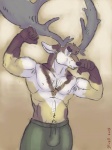 anthro antlers belly biceps body_hair bottomwear brown_background brown_body brown_ears brown_fur brown_nose bulge clothed clothing dipstick_ears ear_markings ears_back facial_markings flexing front_view fur gloves_(marking) green_clothing hairy happy_trail head_markings head_tuft horn looking_away male markings multicolored_body multicolored_ears multicolored_fur muscular muscular_anthro muscular_male muzzle_(marking) navel nipples pivoted_ears shorts simple_background snout snout_markings solo topless tuft white_body white_eyes white_fur white_nipples yellow_body yellow_fur skuell cervine deer irish_elk mammal megaloceros prehistoric_species 2015 digital_media_(artwork) portrait signature three-quarter_portrait