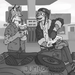 anthro beverage clothing collared_shirt container countershade_face countershade_torso countershading cup drinking duo ear_tuft eyewear eyewear_on_head fuel fur gas_station gloves goggles goggles_on_head handwear holding_container holding_cup holding_object jacket leather leather_clothing leather_gloves leather_handwear leather_helmet leather_jacket leather_topwear looking_at_another male male/male markings motorcycle motorcycle_helmet shirt smile spots spotted_body spotted_fur talking_to_another topwear tuft vehicle ricky_arts inktober eurasian_lynx felid feline humanoid lynx mammal 1:1 2024 black_and_white monochrome signature