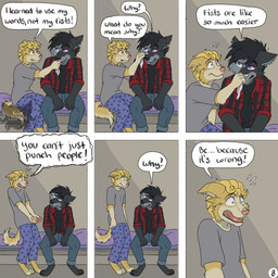 anthro barefoot bed black_hair blonde_hair blue_eyes bottomwear brown_eyes bruised bruised_eye cleaning_face clothed clothing dialogue duo eye_contact feet fingerpads flannel_shirt fur furniture grey_body grey_fur hair holding_cloth logo looking_at_another male oblivious on_bed page_number pajamas pants pawpads scruffy shocked sitting sitting_on_bed six_frame_image speech_bubble standing tail text treating_wounds upset wounded yellow_body yellow_fur kriek_wildebeest jeremy_(kriek_wildebeest) tom_(kriek_wildebeest) border_collie canid canine canis collie domestic_dog herding_dog husky hybrid mammal nordic_sled_dog pastoral_dog sheepdog spitz wolf 1:1 artist_logo comic english_text hi_res multiple_scenes