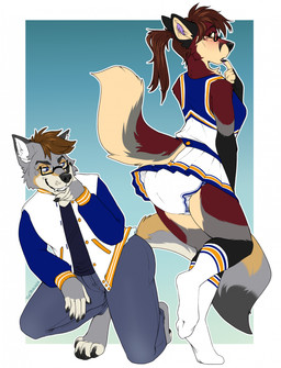 anthro blush bottomwear cheerleader clothed clothing diaper diaper_bulge diaper_fetish diaper_under_clothing diapered_female diapered_male duo eyewear female footwear glasses hair jacket letterman_jacket male male/female ponytail skirt socks topwear wearing_diaper knottytracker canid canine canis fox hybrid mammal wolf hi_res