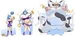 anthro big_breasts blonde_hair blue_hair body_size_growth breast_expansion breasts cowbell crouching cursed_object expansion female genitals hair human_to_anthro overweight overweight_anthro pussy size_transformation smile solo species_transformation surprised transformation weight_gain freshlysqueezed bovid bovine cattle human mammal 2024 hi_res sequence