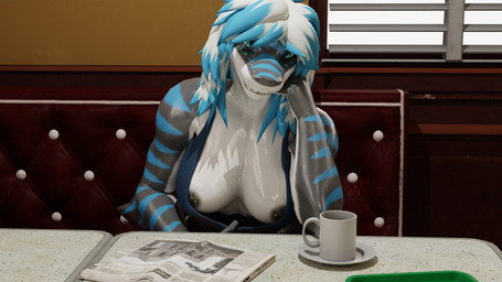 anthro arm_support black_body blue_eyes blue_hair blue_stripes booth breasts clothing clothing_pull coffee_mug diner female flashing flashing_breasts furniture grin grinning_at_viewer hair leaning_on_elbow looking_at_viewer multicolored_body multicolored_hair newspaper nipple_piercing nipples piercing public restaurant revealing_breasts shirt sitting smile smiling_at_viewer solo striped_body stripes table tank_top tank_top_pull topwear two_tone_hair white_body white_hair office_depot_(artist) annoad_(modeler) nika_sharkeh aquatic fish shark 3d_(artwork) blender_(artwork) digital_media_(artwork) hi_res