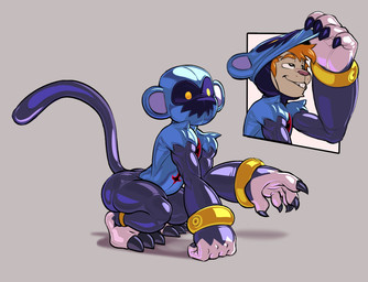 3_toes anklet anthro arm_tuft bracelet buckteeth butt clothing crouching feet fur glistening glistening_clothing glistening_feet glistening_hands glistening_jewelry glistening_latex glistening_mask glistening_skinsuit glistening_tail glistening_thighs grey_background hair hand_on_ground jewelry latex latex_clothing latex_hood latex_mask latex_skinsuit male mask orange_hair raised_hand raised_tail seam_(sewing) shoulder_tuft simple_background skinsuit smile solo tail tan_body tan_fur teeth tight_clothing toes tuft unmasking yellow_eyes owy disney kingdom_hearts square_enix haplorhine heartless lagomorph leporid mammal monkey powerwild primate rabbit hi_res