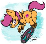 brown_hooves butt cutie_mark dock_(anatomy) featureless_crotch female feral fur hair hooves jumping looking_back open_mouth open_smile orange_body orange_fur purple_eyes purple_hair purple_tail skateboard skateboarding smile solo tail tricks vehicle wings young shinkaku friendship_is_magic hasbro my_little_pony mythology scootaloo_(mlp) equid equine mammal mythological_creature mythological_equine pegasus 2024 digital_drawing_(artwork) digital_media_(artwork) hi_res