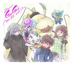 ahoge anthro belt brown_hair female fur green_eyes grey_hair group hair hair_over_eyes long_ears male ponytail_ears yellow_body yellow_eyes yellow_fur tenya_yabuno bandai_namco digimon digimon_ghost_game angoramon_(ghost_game) gammamon_(ghost_game) hiro_amanokawa jellymon_(ghost_game) kiyoshiro_higashimitarai ruri_tsukiyono angoramon ceratopsian digimon_(species) dinosaur espimon gammamon human humanoid jellymon lagomorph leporid mammal ornithischian prehistoric_species rabbit reptile scalie triceratops hi_res