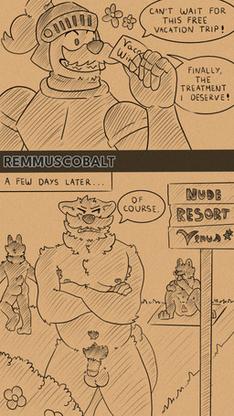 anthro armor belly circumcised embarrassed exhibitionism exposed genitals knight male nipples nude nudist outside penis pubes solo text warrior remmus_cobalt 4k 9:16 absurd_res comic english_text hi_res sketch