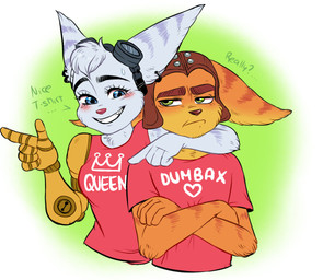 anthro blue_body blue_eyes blue_fur clothed clothing duo ear_piercing ears_down eyewear eyewear_on_head female fur gesture goggles goggles_on_head green_eyes grumpy hand_gesture male piercing pink_nose pivoted_ears pointing prosthetic prosthetic_arm prosthetic_limb shirt smile topwear yellow_body yellow_fur naiacreations ratchet_and_clank sony_corporation sony_interactive_entertainment ratchet_(ratchet_and_clank) rivet_(ratchet_and_clank) lombax mammal