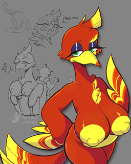 anthro anthrofied beak big_breasts breasts chest_tuft feathers female grey_background huge_breasts looking_at_viewer multicolored_body nipples non-mammal_breasts non-mammal_nipples simple_background slightly_chubby slightly_chubby_anthro slightly_chubby_female solo tail tail_feathers tuft conditional_dnp fervourbunny banjo-kazooie rareware kazooie avian breegull 4:5 absurd_res hi_res