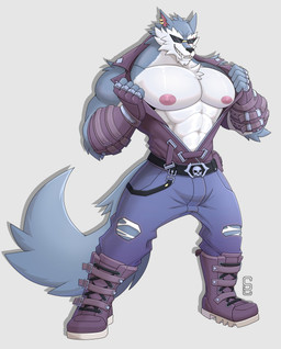 abs anthro belt_buckle big_muscles big_pecs boots buckle clothed clothing ear_piercing ear_ring eyewear fangs footwear jacket male muscular muscular_anthro muscular_male open_clothing open_jacket open_topwear pecs piercing ring_piercing shoes simple_background smile solo sunglasses teeth topwear white_background solard0gg0 dislyte lilith_games freddy_(dislyte) canid canine canis mammal wolf hi_res