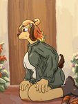 anthro bell big_breasts boots breasts brown_eyes clothed clothing door female flower footwear hair jacket plant planter shoes solo topwear yellow_body gallardo canid canine canis domestic_dog mammal 3:4 absurd_res hi_res