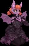 alternative_fashion anthro big_breasts biped breasts cleavage clothed clothing cute_fangs eyebrows eyelashes fangs female fur goth gothic_lolita hair j-fashion kneeling kuro_lolita lolita_(fashion) orange_eyes purple_body purple_fur red_hair solo teeth victorian_goth wings feardakez kiri kiribat bat mammal absurd_res alpha_channel hi_res