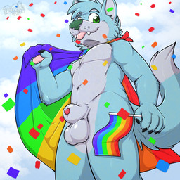 animal_genitalia anthro balls biped blep blue_body blue_ears blue_fur blue_hair blue_tail cape clothing confetti dipstick_tail eyebrows fangs flag flag_(object) fur genitals green_eyes green_nose grey_balls grey_body grey_eyebrows grey_fur grey_sheath grey_tail hair lgbt_pride lipsticking looking_at_viewer male markings monotone_hair multicolored_body multicolored_cape multicolored_clothing multicolored_fur nude_anthro nude_male pawpads penis penis_tip pink_pawpads pride_colors rainbow_cape rainbow_clothing rainbow_flag rainbow_pride_flag rainbow_symbol sheath solo tail tail_markings teeth tongue tongue_out two_tone_body two_tone_fur two_tone_tail gaokun donovan_dmc canid canine canis mammal wolf 1:1 2026 absurd_res hi_res watermark