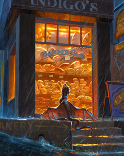 ambiguous_gender bakery black_body black_scales feral membrane_(anatomy) membranous_wings on_ground outside raining red_wings scales sitting solo tail wings tamberella mythology dragon mythological_creature mythological_scalie scalie 2021 4:5 hi_res