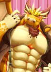 abs anthro beckoning blush candy chocolate chocolate_heart dessert food gesture holidays horn male melted_chocolate muscular muscular_anthro muscular_male pecs scales shirtless solo suspenders wings yellow_body yellow_scales toranoyouhei lifewonders mythology tokyo_afterschool_summoners valentine's_day ophion_(tas) dragon mythological_creature mythological_scalie scalie absurd_res hi_res