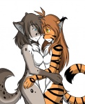 amber_eyes anthro blue_eyes blush breast_size_difference breast_squish breasts breasts_frottage brown_hair canid canine casual_nudity chest_tuft conditional_dnp countershading domestic_cat duo eye_contact felid feline felis female female/female flora_(twokinds) fur grey_body grey_fur hair hand_on_hip hybrid kathrin_vaughan keidran looking_at_another mammal markings nude orange_body orange_fur pantherine scared scratching simple_background sitting sketch smile spots spotted_body spotted_fur squish striped_body striped_fur stripes tail tiger tom_fischbach tuft twokinds white_background white_body white_fur
