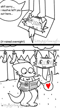 2_panel_comic ambiguous_gender anthro chair clothes_pin clothing door drying duo fence footwear furniture heart_symbol laundry newspaper partners permanent_transformation reading relationship sitting smile soaked socks speech_bubble supporting text transformation wet kittytgirlswagfn doormat_(kittytgirlswagfn) partner_(kittytgirlswagfn) animate_inanimate canid canine canis mammal wolf english_text hi_res story watermark