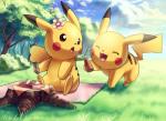 black_nose cloud duo female feral flower food grass happy male open_mouth outside plant sitting tree ho-oh_(artist) nintendo pokemon generation_1_pokemon mammal pikachu pokemon_(species) rodent digital_media_(artwork)