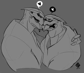 3_fingers duo eyes_closed fingers heart_symbol kissing male male/male open_mouth side_view teeth tongue stormcall bioware electronic_arts mass_effect alien turian 2018 monochrome