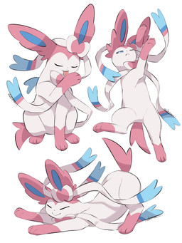 acting_like_a_cat ambiguous_gender blue_eyes blue_inner_ear bow_ribbon eyes_closed feral fur gloves_(marking) leg_markings licking markings multicolored_body multicolored_fur narrowed_eyes paws pink_body pink_ears pink_fur pink_tail ribbons simple_background smile socks_(marking) stretching tail tongue tongue_out two_tone_body two_tone_fur white_background white_body white_fur makotoo nintendo pokemon eeveelution generation_6_pokemon mammal pokemon_(species) sylveon 2026 3:4 digital_media_(artwork) signature