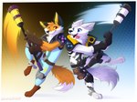 anthro blue_eyes blue_sclera clothed clothing duo fur jumpsuit knee_pads looking_at_another male open_mouth orange_body orange_eyes orange_fur smile tail tongue tongue_out white_body white_fur yellow_sclera leo-wolf epic_games fortnite fennix_(fortnite) volpez_(fortnite) arctic_fox canid canine fox mammal red_fox true_fox 2023 absurd_res digital_media_(artwork) hi_res brother_(lore) brothers_(lore) sibling_(lore)