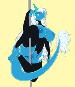 anthro areola big_breasts breasts clitoris dancing female genitals hair horn legs_around_pole looking_at_viewer nipples nude pole pole_dancing slime smile solo tail_around_pole tongue tongue_out vulva white_hair smokeyocity unknown_species absurd_res hi_res